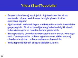 Yıldız (Star)Topolojisi
■ En çok kullanılan ağ topolojisidir. Ağ üzerindeki her cihaz
merkezde bulunan switch veya hub gibi yönlendirici bir
ekipmana bağlıdır.
■ Ağ üzerindeki verinin dolaşımı merkezde bulunan hub/switch ile
gerçekleştirilir. Bir cihazdan diğerine gönderilen bilgi ilk olarak
hub/switch'e gelir ve buradan hedefe yönlendirilir.
■ Bus topolojisine göre daha yüksek performans sunar. Hub veya
switch'te oluşacak bir problem ağın tamamını etkiler ama ağ
cihazlarında oluşan problem sadece o cihazı etkiler.
■ Yıldız topolojisinde çift burgulu kablolar kullanılır.
20
 