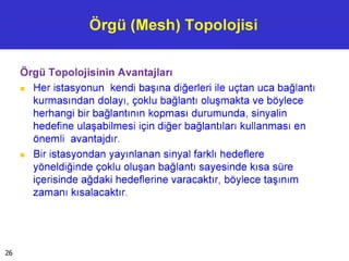 Örgü (Mesh) Topolojisi
Örgü Topolojisinin Avantajları
■ Her istasyonun kendi başına diğerleri ile uçtan uca bağlantı
kurmasından dolayı, çoklu bağlantı oluşmakta ve böylece
herhangi bir bağlantının kopması durumunda, sinyalin
hedefine ulaşabilmesi için diğer bağlantıları kullanması en
önemli avantajdır.
■ Bir istasyondan yayınlanan sinyal farklı hedeflere
yöneldiğinde çoklu oluşan bağlantı sayesinde kısa süre
içerisinde ağdaki hedeflerine varacaktır, böylece taşınım
zamanı kısalacaktır.
26
 