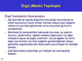 Örgü (Mesh) Topolojisi
Örgü Topolojisinin Dezavantajları
■ Ağ üzerinde az sayıda düğümün bulunduğu durumlarda ve
ortam boyutunun küçük olması halinde ortaya çıkan bağlantı
miktarının çok fazla gözükmesi ve bu durumda ağ hızının
yavaşlaması.
■ Mantıksal bir perspektiften bakılacak olunursa, bu yapının
durumu, performansı, ağdaki merkezi dağıtıcıların ve diğer
cihazların sayısı ile doğru orantılıdır. Ayrıca ağdaki her birim
diğer tüm birimler için birer bağlantı gerektirdiğinden dolayı
genellikle uygulamada pek fazla pratik bulunmayan bir özelliğe
sahiptir.
■ Çok fazla kablo kullanıldığı için maliyeti ver karmaşıklığı
fazladır.
27
 