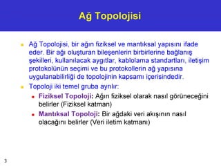 Ağ Topolojisi
■ Ağ Topolojisi, bir ağın fiziksel ve mantıksal yapısını ifade
eder. Bir ağı oluşturan bileşenlerin birbirlerine bağlanış
şekilleri, kullanılacak aygıtlar, kablolama standartları, iletişim
protokolünün seçimi ve bu protokollerin ağ yapısına
uygulanabilirliği de topolojinin kapsamı içerisindedir.
■ Topoloji iki temel gruba ayrılır:
■ Fiziksel Topoloji: Ağın fiziksel olarak nasıl görüneceğini
belirler (Fiziksel katman)
■ Mantıksal Topoloji: Bir ağdaki veri akışının nasıl
olacağını belirler (Veri iletim katmanı)
3
 