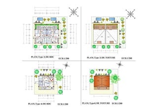 deco'
5.80
1.50
7,30
8.25
O
S
E
N
PLAN( Type4) DE TOITURE
deco'
deco'
3.04
3.00
3.25
2.60
3.90
3.85
3.00
2.00
9.75m²
Chambre
8 m²
Sejour
12.6 m²
Cuisine +Hall
6m²
S.D.B
3.04
3.00
3.25
2.60
3.90
3.85
3.00
2.00
9.75m²
Chambre
8 m²
Sejour
12.6 m²
Cuisine +Hall
6m²
S.D.B
P.L P.L
Studio
Studio 2.55
6.00
2.55
6.00
15.3m²
Jardin
15.3m²
Jardin
O
S
E
N
A
A
B
B
30 86 1,20 76 1,20 1,98 30
6,30 6,32
12,90
30
86
1,20
76
1,20
1,98
30
30
2,40
30
2,80
30
1,59
1,20
1,11
30
10,30
30
2,40
30
2,80
30
1,59
1,20
1,11
30
4,20
3,10
2,70
10,30
30
86
1,20
76
1,20
1,98
30
6,30
6,32
12,90
30 86 1,20 76 1,20 1,98 30
4,20
3,10
2,70
PLAN( Type 3) DE RDC
ECH:1/200
1,50
deco'
P.L
2.65
1.88
2.40
2.75
3.22
2.70
2.59
4.85
A A
12.8 m²
Sejour
4.9m²
S.D.B
6.6m²
Cuisine
8.7m²
Chambre
10.8 m²
Terrasse
O
S
E
N
Chalet F2
30 1,80 80 2,00 30 2,75 30
8.25
30 65 1,20 1,34 1,20 2130 1,25 1,20 29
30
8,25
30
5,20
30
30
1,17
1,20
83
1,20
80
30
7,30
7,30
1,50
PLAN( Type 4) DE RDC ECH:1/200
4,90 3,05
5,50
1,65
5,50
1,65
3,05
4,90
deco'
deco'
2,70
7,60
10,30
2,20 1,95 2,30 2,30 1,95 2,20
12,90
O
S
E
N
PLAN( Type 3) DE TOITURE
PVC Ø110
P
=
1
%
PVC Ø110
P
=
1
%
3.06m 3.06m
ECH:1/200
ECH:1/200
+0.00
+0.00
+0.00
 