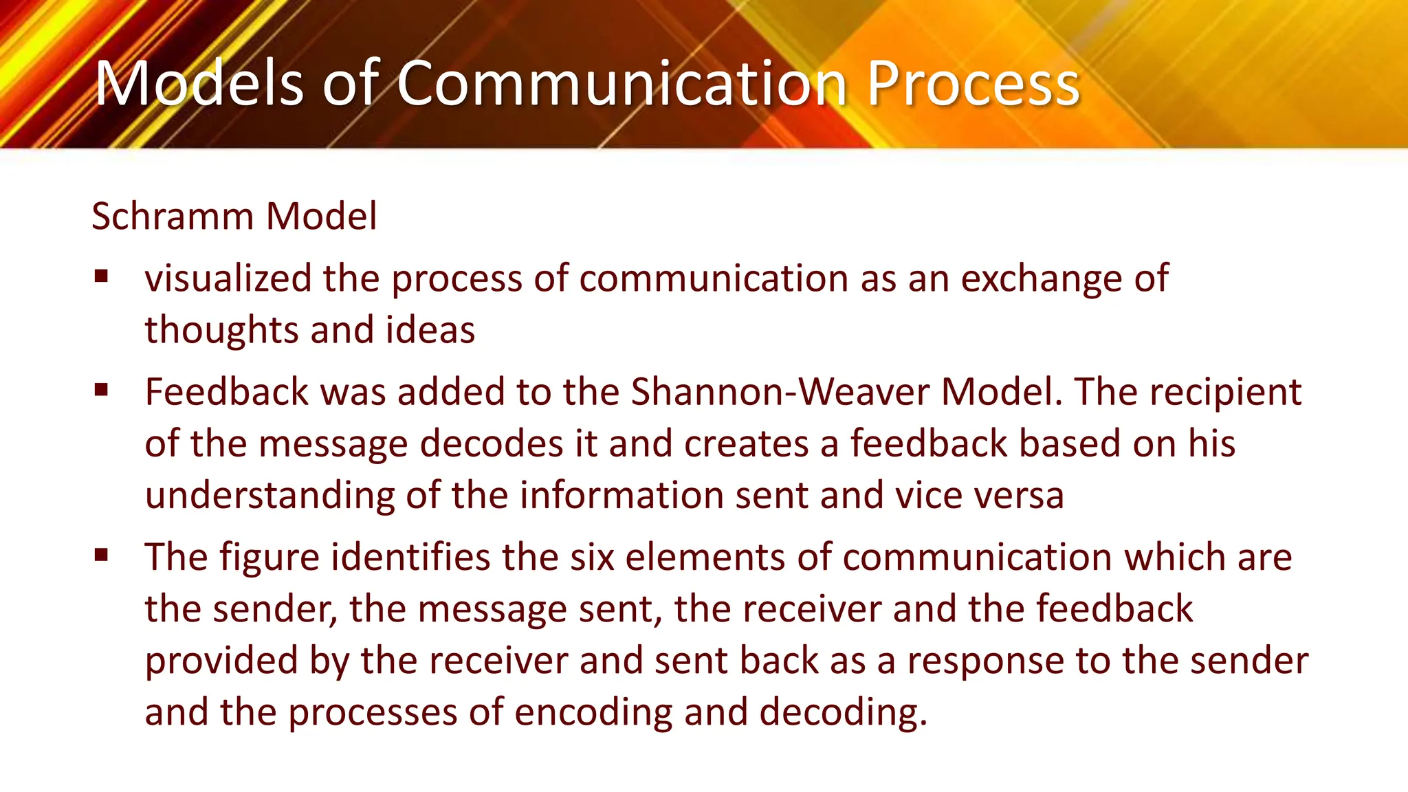 Models of Communication Process
Schramm Model
 visualized the process of communication as an exchange of
thoughts and ideas
 Feedback was added to the Shannon-Weaver Model. The recipient
of the message decodes it and creates a feedback based on his
understanding of the information sent and vice versa
 The figure identifies the six elements of communication which are
the sender, the message sent, the receiver and the feedback
provided by the receiver and sent back as a response to the sender
and the processes of encoding and decoding.
 