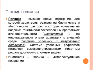ГЕНЕЗИС СОЗНАНИЯ
 Психика – высшая форма отражения, для
которой характерны реакции на биотические и
абиотические факторы, и которая основана на
видовых, генетически закрепленных программах
жизнедеятельности (инстинктах) и на
индивидуальном опыте адаптации к внешней
среде (системе условных и безусловных
рефлексов). Система условных рефлексов
позволяет высокоорганизованным животным
решать достаточно сложные задачи.
 Инстинкты – Навыки – Интеллектуальное
поведение
 