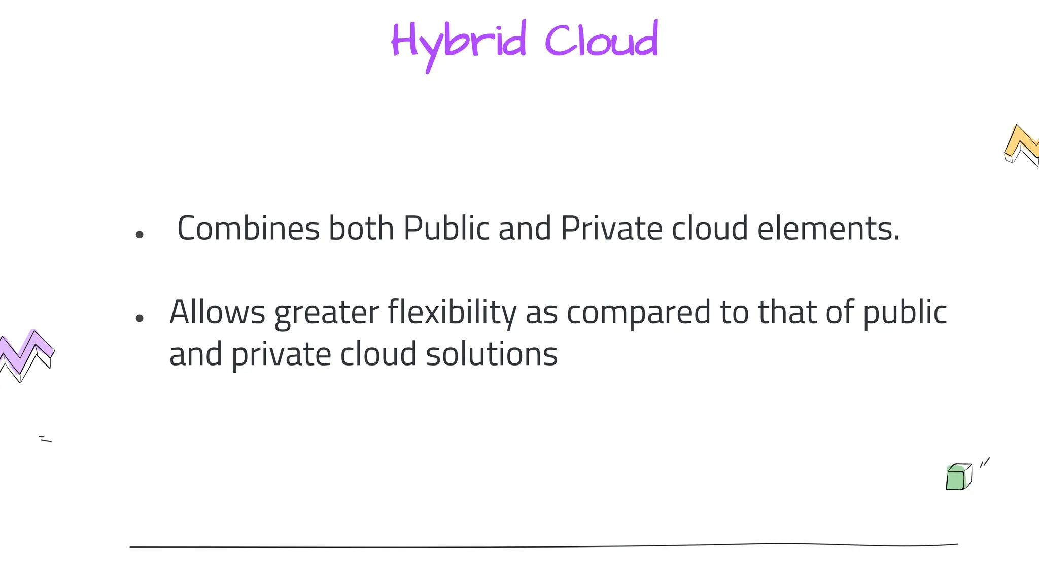 Hybrid Cloud
● Combines both Public and Private cloud elements.
● Allows greater flexibility as compared to that of public
and private cloud solutions
 