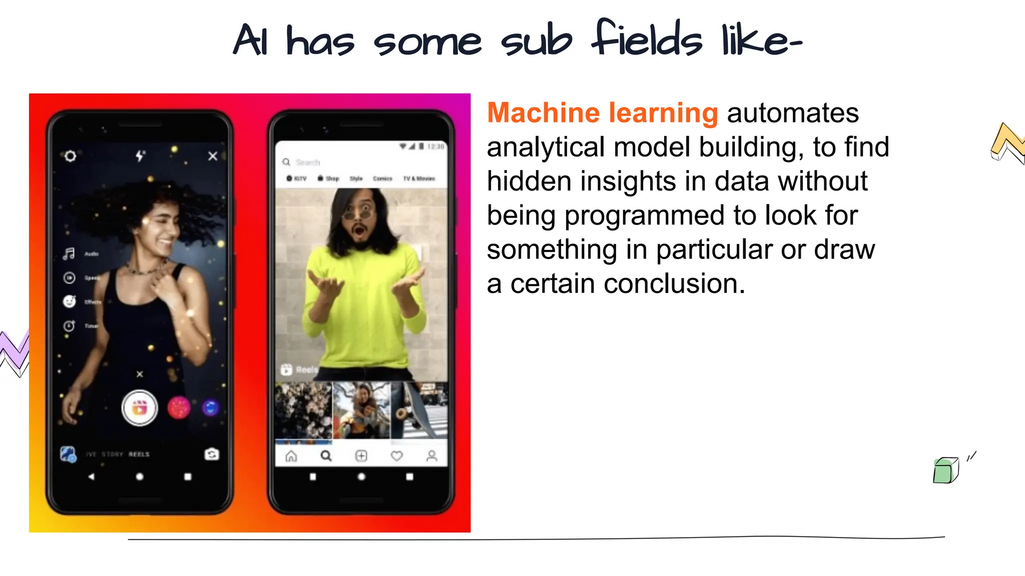 AI has some sub fields like-
Machine learning automates
analytical model building, to find
hidden insights in data without
being programmed to look for
something in particular or draw
a certain conclusion.
 