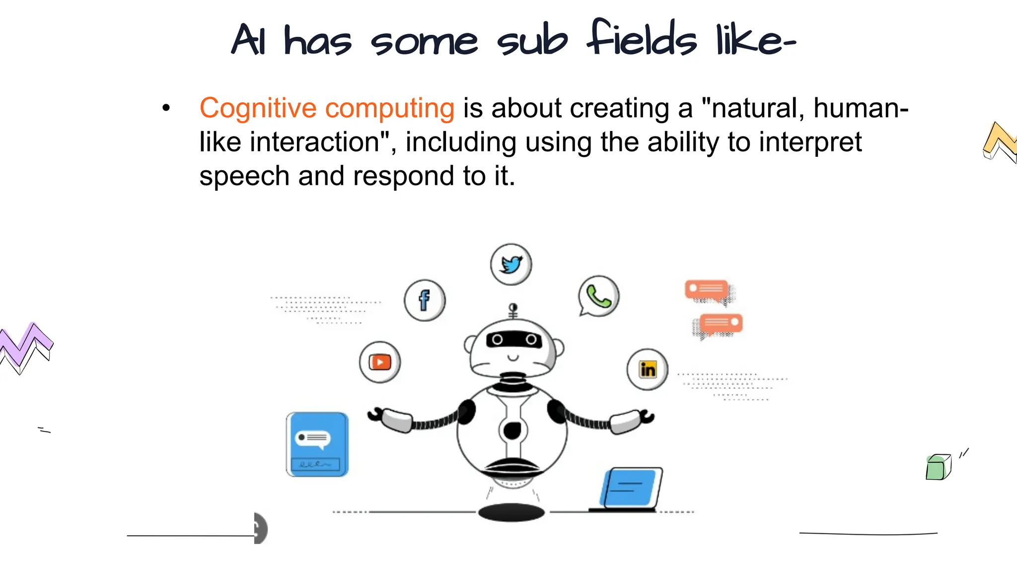 AI has some sub fields like-
• Cognitive computing is about creating a "natural, human-
like interaction", including using the ability to interpret
speech and respond to it.
 