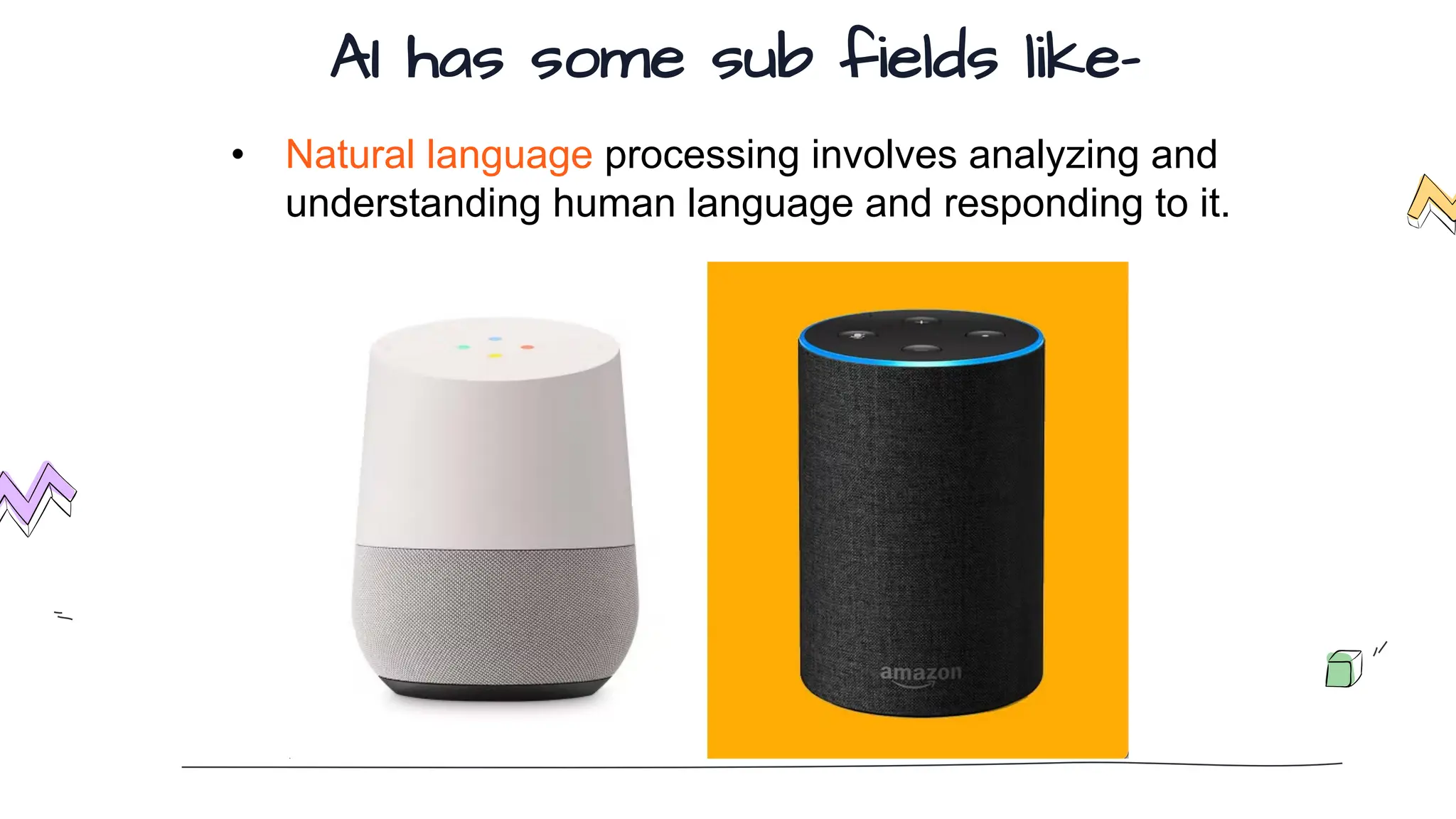 AI has some sub fields like-
• Natural language processing involves analyzing and
understanding human language and responding to it.
 