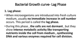 Bacterial Growth curve- Lag Phase
1. Lag phase:
•When microorganisms are introduced into fresh culture
medium, usually no immediate increase in cell number
occurs. This period is called the lag phase.
•During this phase , the cells are not dormant , but they
show intense metabolic activity like transporting
nutrients inside the cell from medium , synthesizing
DNA and various enzymes required for cell division.
 