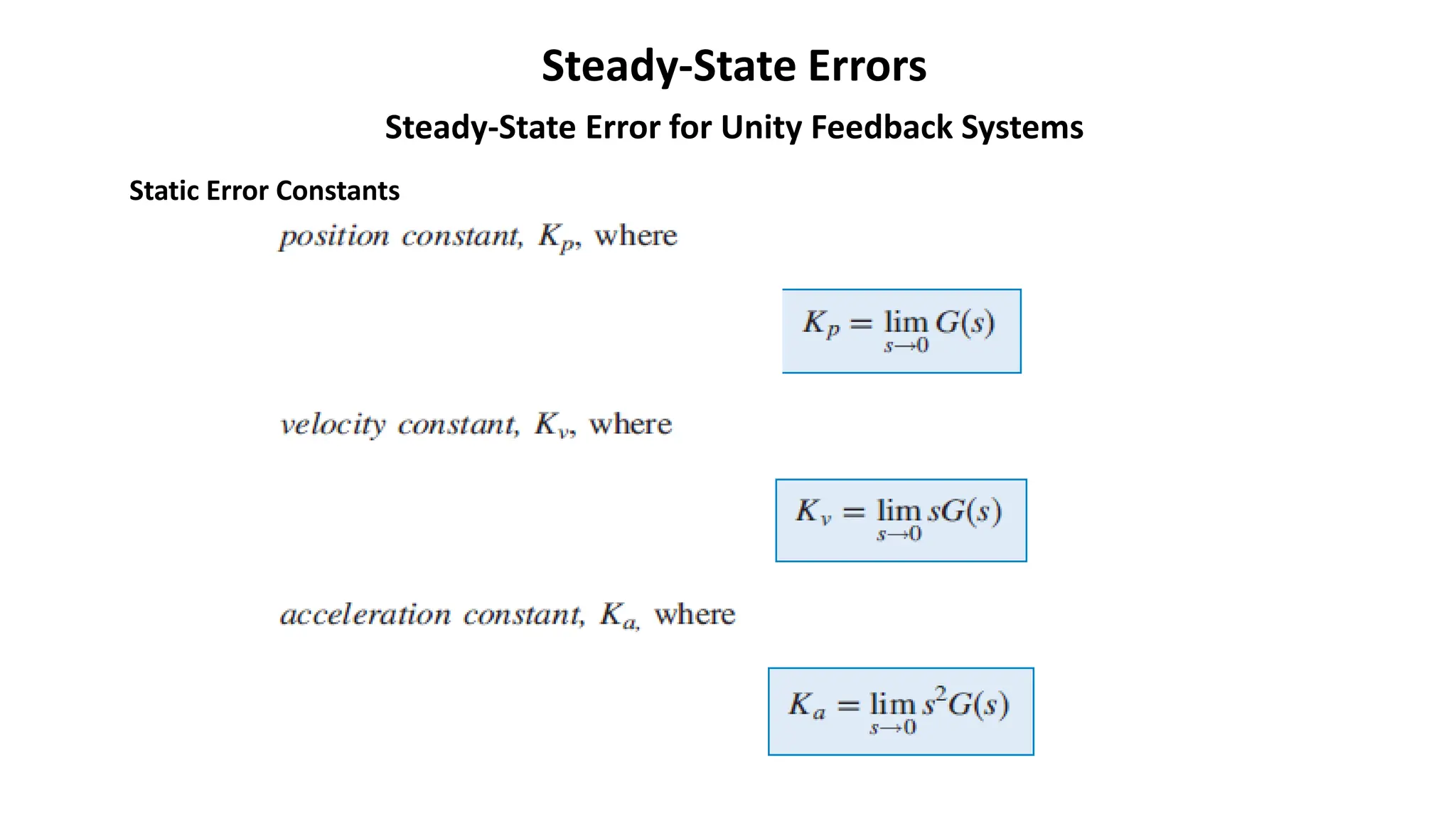 Steady-State Errors
Steady-State Error for Unity Feedback Systems
Static Error Constants
 