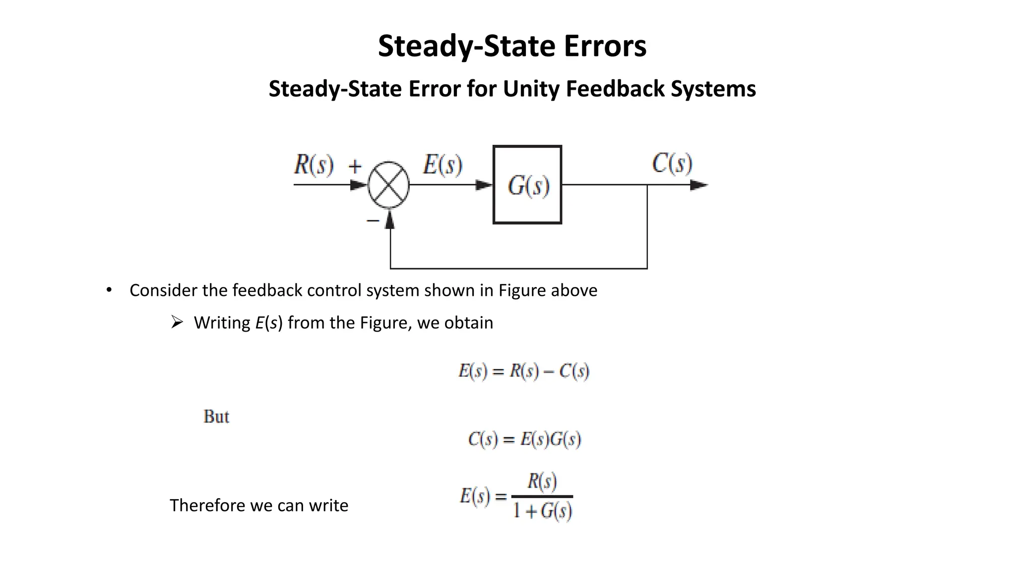 Steady-State Errors
Steady-State Error for Unity Feedback Systems
• Consider the feedback control system shown in Figure above
➢ Writing E(s) from the Figure, we obtain
Therefore we can write
 