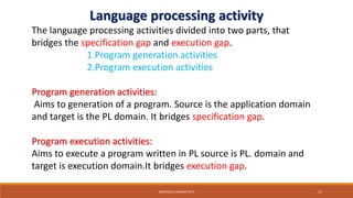 Language processing activity
The language processing activities divided into two parts, that
bridges the specification gap and execution gap.
1.Program generation activities
2.Program execution activities
Program generation activities:
Aims to generation of a program. Source is the application domain
and target is the PL domain. It bridges specification gap.
Program execution activities:
Aims to execute a program written in PL source is PL. domain and
target is execution domain.It bridges execution gap.
SWAPNALI R.PAWAR~(RIT) 17
 