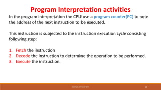 Program Interpretation activities
In the program interpretation the CPU use a program counter(PC) to note
the address of the next instruction to be executed.
This instruction is subjected to the instruction execution cycle consisting
following step:
1. Fetch the instruction
2. Decode the instruction to determine the operation to be performed.
3. Execute the instruction.
SWAPNALI R.PAWAR~(RIT) 23
 