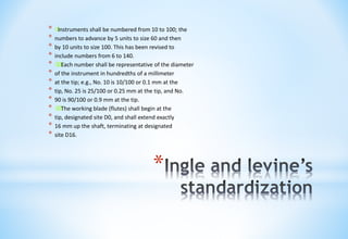 *
* 
Instruments shall be numbered from 10 to 100; the
* numbers to advance by 5 units to size 60 and then
* by 10 units to size 100. This has been revised to
* include numbers from 6 to 140.
* 

Each number shall be representative of the diameter
* of the instrument in hundredths of a millimeter
* at the tip; e.g., No. 10 is 10/100 or 0.1 mm at the
* tip, No. 25 is 25/100 or 0.25 mm at the tip, and No.
* 90 is 90/100 or 0.9 mm at the tip.
* 

The working blade (flutes) shall begin at the
* tip, designated site D0, and shall extend exactly
* 16 mm up the shaft, terminating at designated
* site D16.
 