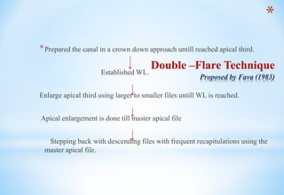 *
Double –Flare Technique
Proposed by Fava (1983)
*Prepared the canal in a crown down approach untill reached apical third.
Established WL.
Enlarge apical third using larger to smaller files untill WL is reached.
Apical enlargement is done till master apical file
Stepping back with descending files with frequent recapitulations using the
master apical file.
 