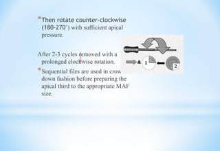*Then rotate counter-clockwise
(180-270˚) with sufficient apical
pressure.
After 2-3 cycles removed with a
prolonged clockwise rotation.
*Sequential files are used in crown-
down fashion before preparing the
apical third to the appropriate MAF
size.
 
