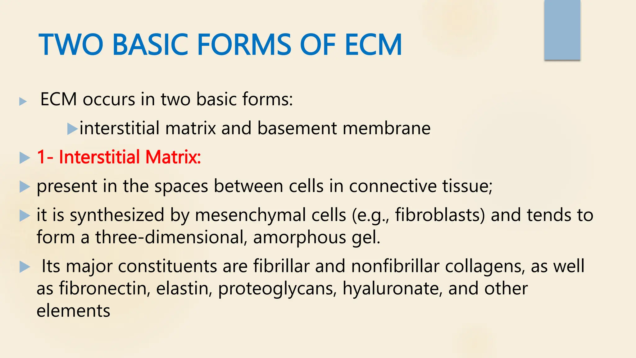 TWO BASIC FORMS OF ECM
 ECM occurs in two basic forms:
interstitial matrix and basement membrane
 1- Interstitial Matrix:
 present in the spaces between cells in connective tissue;
 it is synthesized by mesenchymal cells (e.g., fibroblasts) and tends to
form a three-dimensional, amorphous gel.
 Its major constituents are fibrillar and nonfibrillar collagens, as well
as fibronectin, elastin, proteoglycans, hyaluronate, and other
elements
 