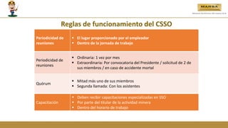 Periodicidad de
reuniones
 El lugar proporcionado por el empleador
 Dentro de la jornada de trabajo
Periodicidad de
reuniones
 Ordinaria: 1 vez por mes
 Extraordinaria: Por convocatoria del Presidente / solicitud de 2 de
sus miembros / en caso de accidente mortal
Quórum
 Mitad más uno de sus miembros
 Segunda llamada: Con los asistentes
Reglas de funcionamiento del CSSO
Capacitación
 Deben recibir capacitaciones especializadas en SSO
 Por parte del titular de la actividad minera
 Dentro del horario de trabajo
 