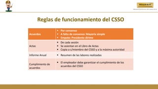 Acuerdos
 Por consenso
 A falta de consenso: Mayoría simple
 Empate: Presidente dirime
Actas
 De cada sesión
 Se asientan en el Libro de Actas
 Copia a c/miembro del CSSO y a la máxima autoridad
Informe Anual  Resumen de las labores realizadas
Cumplimiento de
acuerdos
 El empleador debe garantizar el cumplimiento de los
acuerdos del CSSO
Reglas de funcionamiento del CSSO
 