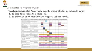 Todo Programa Anual de Seguridad y Salud Ocupacional debe ser elaborado sobre:
1. La base de un diagnóstico situacional.
2. La evaluación de los resultados del programa del año anterior.
Lineamientos del Programa Anual SST
 