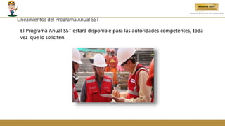 El Programa Anual SST estará disponible para las autoridades competentes, toda
vez que lo soliciten.
Lineamientos del Programa Anual SST
 