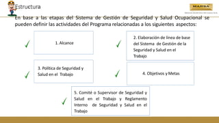 Estructura
1. Alcance
2. Elaboración de línea de base
del Sistema de Gestión de la
Seguridad y Salud en el
Trabajo
3. Política de Seguridad y
Salud en el Trabajo 4. Objetivos y Metas
5. Comité o Supervisor de Seguridad y
Salud en el Trabajo y Reglamento
Interno de Seguridad y Salud en el
Trabajo
En base a las etapas del Sistema de Gestión de Seguridad y Salud Ocupacional se
pueden definir las actividades del Programa relacionadas a los siguientes aspectos:
 
