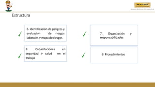6. Identificación de peligros y
evaluación de riesgos
laborales y mapa de riesgos
7. Organización y
responsabilidades
8. Capacitaciones en
seguridad y salud en el
trabajo
9. Procedimientos
Estructura
 