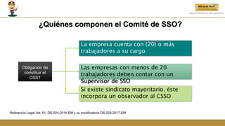¿Quiénes componen el Comité de SSO?
La empresa cuenta con (20) o más
trabajadores a su cargo
Obligación de
constituir el
CSST
Si existe sindicato mayoritario, éste
incorpora un observador al CSSO
Las empresas con menos de 20
trabajadores deben contar con un
Supervisor de SSO
Referencia Legal: Art. 61, DS-024-2016-EM y su modificatoria DS-023-2017-EM
 