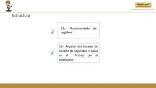 18.- Mantenimiento de
registros
19.- Revisión del Sistema de
Gestión de Seguridad y Salud
en el Trabajo por el
empleador
Estructura
 