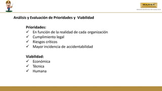 Prioridades:
 En función de la realidad de cada organización
 Cumplimiento legal
 Riesgos críticos
 Mayor incidencia de accidentabilidad
Viabilidad:
 Económica
 Técnica
 Humana
Análisis y Evaluación de Prioridades y Viabilidad
 