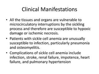 Clinical Manifestations
• All the tissues and organs are vulnerable to
microcirculatory interruptions by the sickling
process and therefore are susceptible to hypoxic
damage or ischemic necrosis.
• Patients with sickle cell anemia are unusually
susceptible to infection, particularly pneumonia
and osteomyelitis.
• Complications of sickle cell anemia include
infection, stroke, renal failure, impotence, heart
failure, and pulmonary hypertension
 