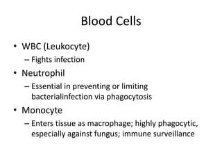 Blood Cells
• WBC (Leukocyte)
– Fights infection
• Neutrophil
– Essential in preventing or limiting
bacterialinfection via phagocytosis
• Monocyte
– Enters tissue as macrophage; highly phagocytic,
especially against fungus; immune surveillance
 