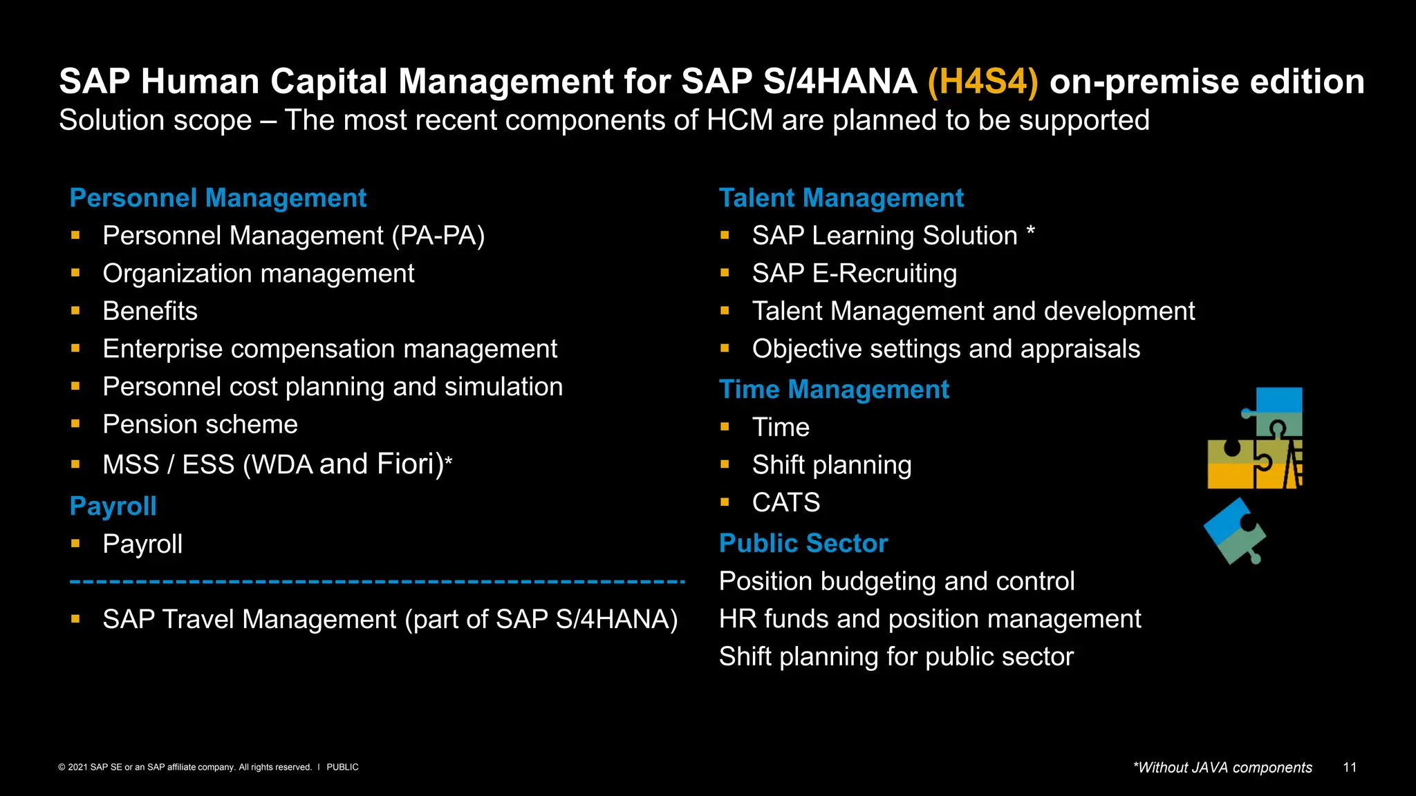 11
PUBLIC
© 2021 SAP SE or an SAP affiliate company. All rights reserved. ǀ
Personnel Management
▪ Personnel Management (PA-PA)
▪ Organization management
▪ Benefits
▪ Enterprise compensation management
▪ Personnel cost planning and simulation
▪ Pension scheme
▪ MSS / ESS (WDA and Fiori)*
Payroll
▪ Payroll
▪ SAP Travel Management (part of SAP S/4HANA)
Talent Management
▪ SAP Learning Solution *
▪ SAP E-Recruiting
▪ Talent Management and development
▪ Objective settings and appraisals
Time Management
▪ Time
▪ Shift planning
▪ CATS
Public Sector
Position budgeting and control
HR funds and position management
Shift planning for public sector
*Without JAVA components
SAP Human Capital Management for SAP S/4HANA (H4S4) on-premise edition
Solution scope – The most recent components of HCM are planned to be supported
 
