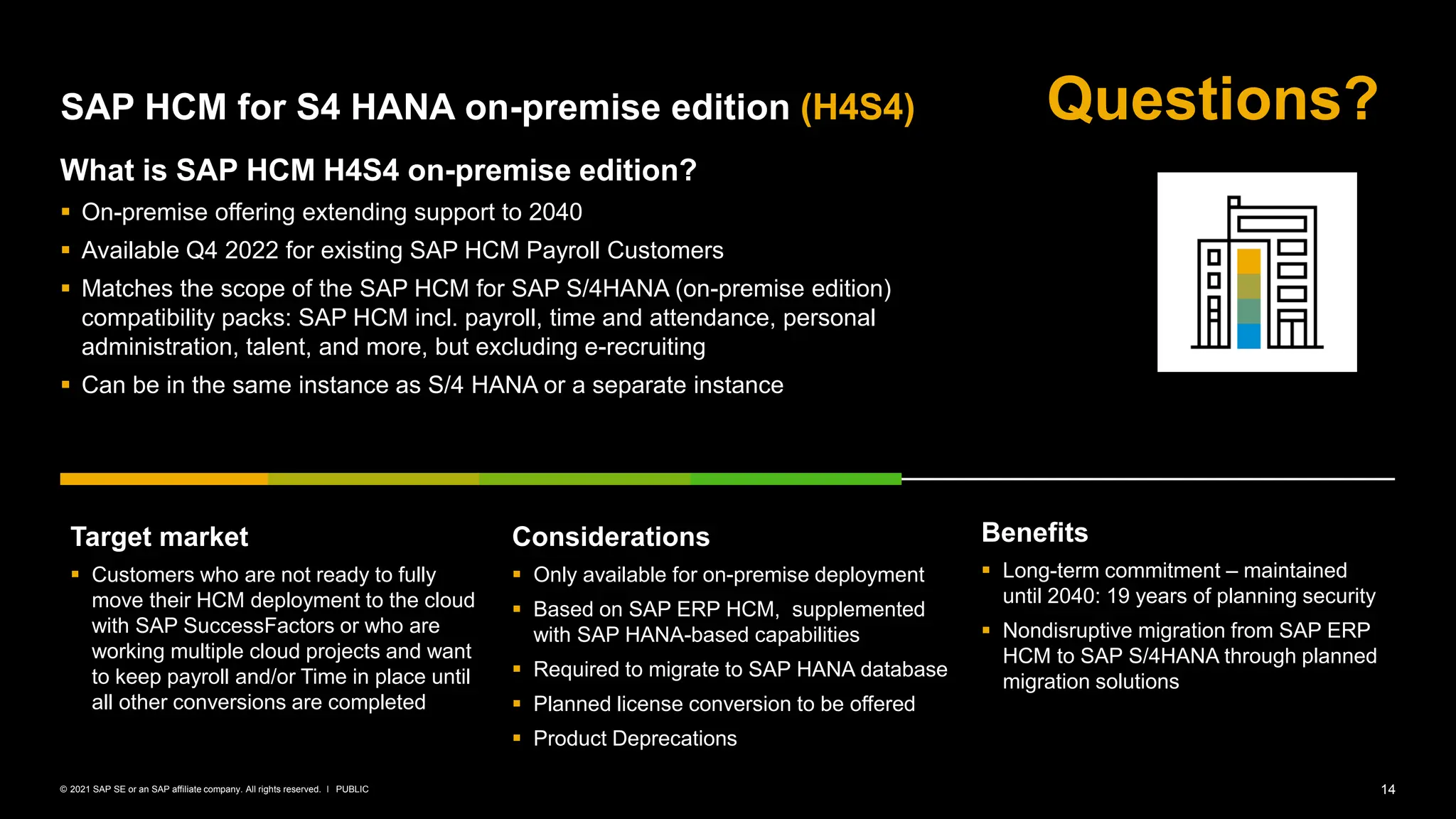 14
PUBLIC
© 2021 SAP SE or an SAP affiliate company. All rights reserved. ǀ
SAP HCM for S4 HANA on-premise edition (H4S4) Questions?
Benefits
▪ Long-term commitment – maintained
until 2040: 19 years of planning security
▪ Nondisruptive migration from SAP ERP
HCM to SAP S/4HANA through planned
migration solutions
Considerations
▪ Only available for on-premise deployment
▪ Based on SAP ERP HCM, supplemented
with SAP HANA-based capabilities
▪ Required to migrate to SAP HANA database
▪ Planned license conversion to be offered
▪ Product Deprecations
Target market
▪ Customers who are not ready to fully
move their HCM deployment to the cloud
with SAP SuccessFactors or who are
working multiple cloud projects and want
to keep payroll and/or Time in place until
all other conversions are completed
What is SAP HCM H4S4 on-premise edition?
▪ On-premise offering extending support to 2040
▪ Available Q4 2022 for existing SAP HCM Payroll Customers
▪ Matches the scope of the SAP HCM for SAP S/4HANA (on-premise edition)
compatibility packs: SAP HCM incl. payroll, time and attendance, personal
administration, talent, and more, but excluding e-recruiting
▪ Can be in the same instance as S/4 HANA or a separate instance
 