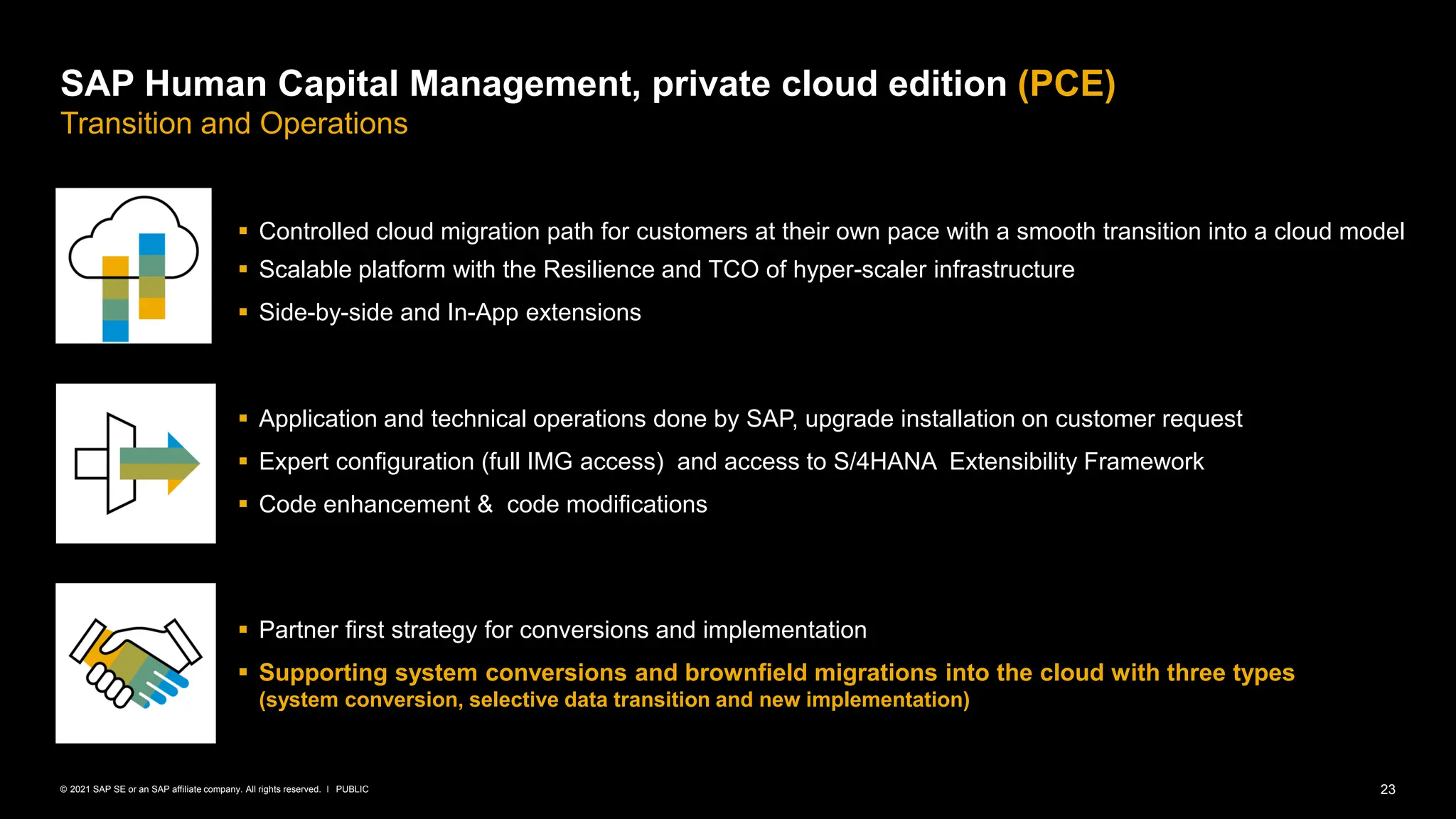 23
PUBLIC
© 2021 SAP SE or an SAP affiliate company. All rights reserved. ǀ
SAP Human Capital Management, private cloud edition (PCE)
Transition and Operations
▪ Controlled cloud migration path for customers at their own pace with a smooth transition into a cloud model
▪ Scalable platform with the Resilience and TCO of hyper-scaler infrastructure
▪ Side-by-side and In-App extensions
▪ Application and technical operations done by SAP, upgrade installation on customer request
▪ Expert configuration (full IMG access) and access to S/4HANA Extensibility Framework
▪ Code enhancement & code modifications
▪ Partner first strategy for conversions and implementation
▪ Supporting system conversions and brownfield migrations into the cloud with three types
(system conversion, selective data transition and new implementation)
 