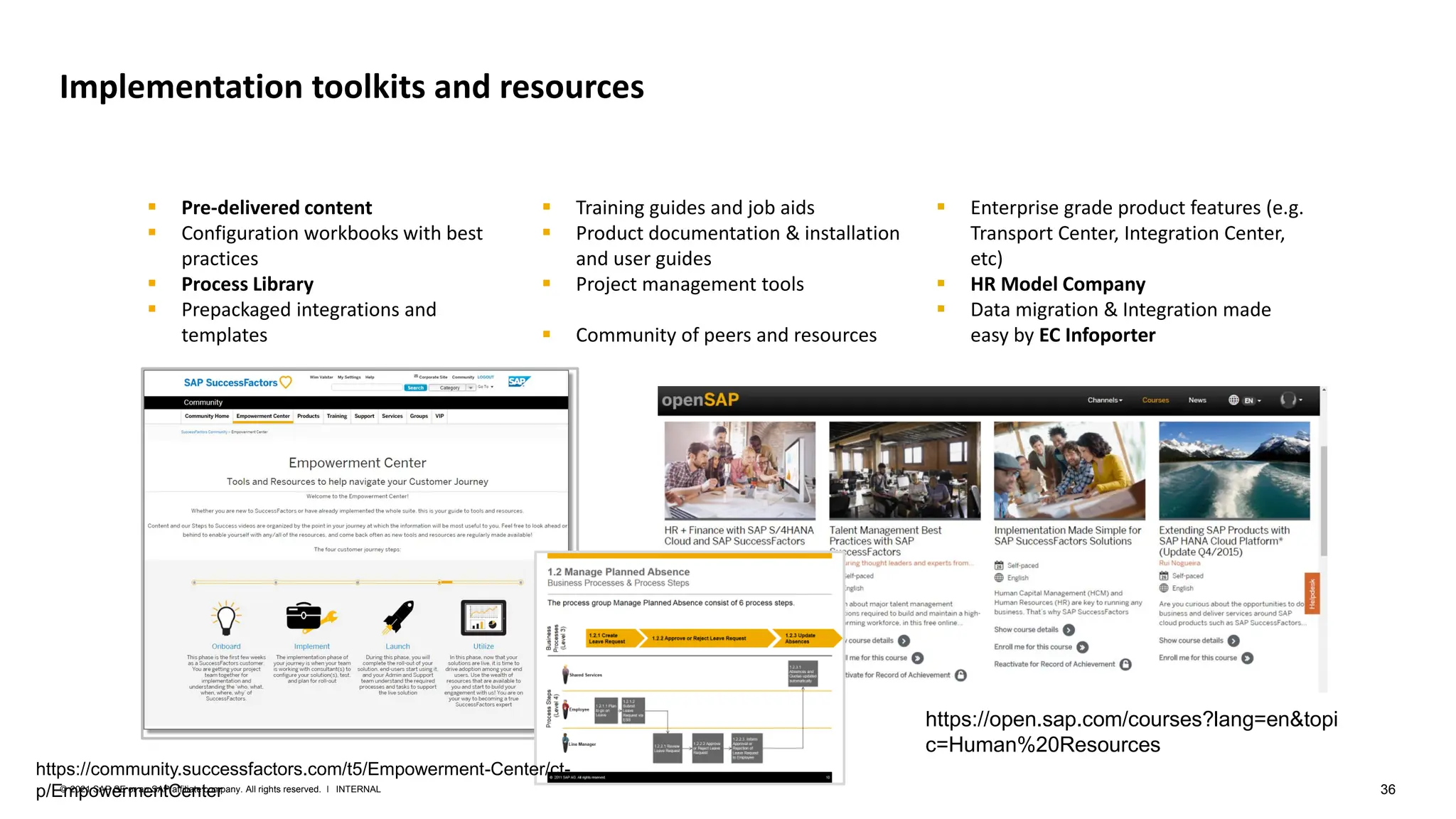 36
INTERNAL
© 2021 SAP SE or an SAP affiliate company. All rights reserved. ǀ
Implementation toolkits and resources
▪ Pre-delivered content
▪ Configuration workbooks with best
practices
▪ Process Library
▪ Prepackaged integrations and
templates
▪ Training guides and job aids
▪ Product documentation & installation
and user guides
▪ Project management tools
▪ Community of peers and resources
▪ Enterprise grade product features (e.g.
Transport Center, Integration Center,
etc)
▪ HR Model Company
▪ Data migration & Integration made
easy by EC Infoporter
https://open.sap.com/courses?lang=en&topi
c=Human%20Resources
https://community.successfactors.com/t5/Empowerment-Center/ct-
p/EmpowermentCenter
 