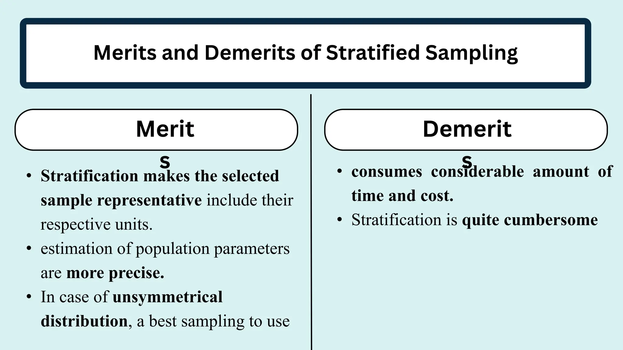 Merits and Demerits of Stratified Sampling
Merit
s
Demerit
s
• Stratification makes the selected
sample representative include their
respective units.
• estimation of population parameters
are more precise.
• In case of unsymmetrical
distribution, a best sampling to use
• consumes considerable amount of
time and cost.
• Stratification is quite cumbersome
 