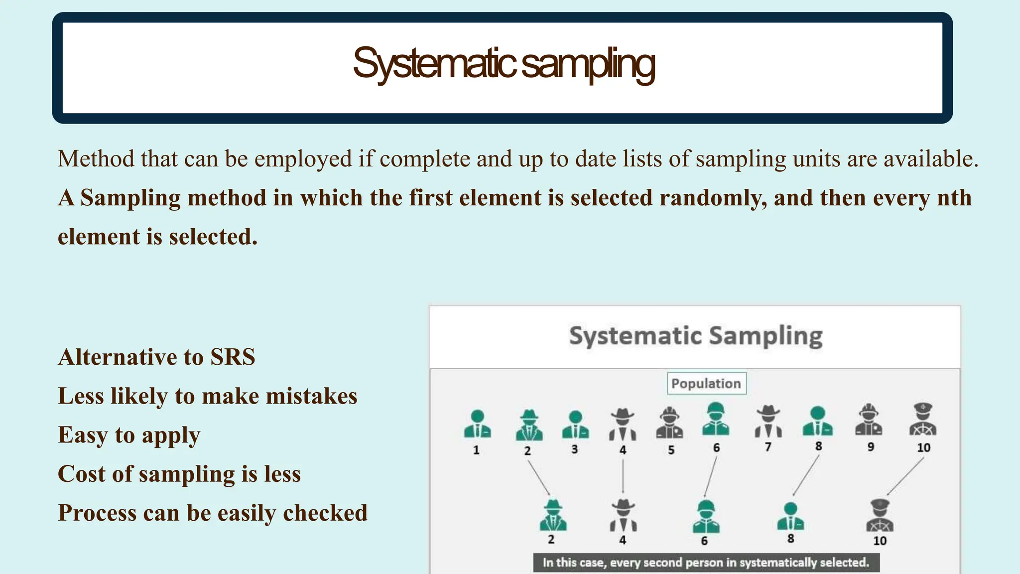 Systematicsampling
Method that can be employed if complete and up to date lists of sampling units are available.
A Sampling method in which the first element is selected randomly, and then every nth
element is selected.
Alternative to SRS
Less likely to make mistakes
Easy to apply
Cost of sampling is less
Process can be easily checked
 