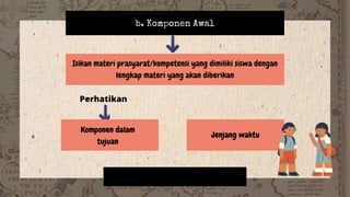 b. Komponen Awal
Isikan materi prasyarat/kompetensi yang dimiliki siswa dengan
lengkap materi yang akan diberikan
Perhatikan
Komponen dalam
tujuan
Jenjang waktu
 