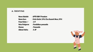 Nama Sekolah : UPTD SDN 1 Pasekan
Nama Guru : Entin Sutini, S.Pd./Eva Susanti Nova, M.Pd
Fase/Kelas / : A/1
Mata Pelajaran : Pendidikan pancasila
Elemen : Pancasila
Alokasi Waktu : 2 JP
 