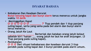 ISYARAT BAHAYA
• Kebakaran Dan Keadaan Darurat
Bunyi lonceng kapal dan bunyi alarm terus menerus untuk jangka
waktu 10 detik
• Meninggalkan Kapal
O O O O O O O _______ 7 Tiup pendek dan 1 tiup panjang
suling kapal, serta yang sama pada bel alarm dan bunyi alarm
terus menerus.
• Orang Jatuh Ke Laut
_____ _____ _____ Berteriak dan katakan orang jatuh kelaut
sebelah kiri / kanan …… orang jatuh ke laut ke arah anjungan. (3
Tiup panjang pada suling kapal).
• Pembatalan
O O O Dari situasi kebakaraan dan keadaan darurat 3 tiup
pendek pada suling kapal dan 3 bunyi pendek pada alarm umum.
 