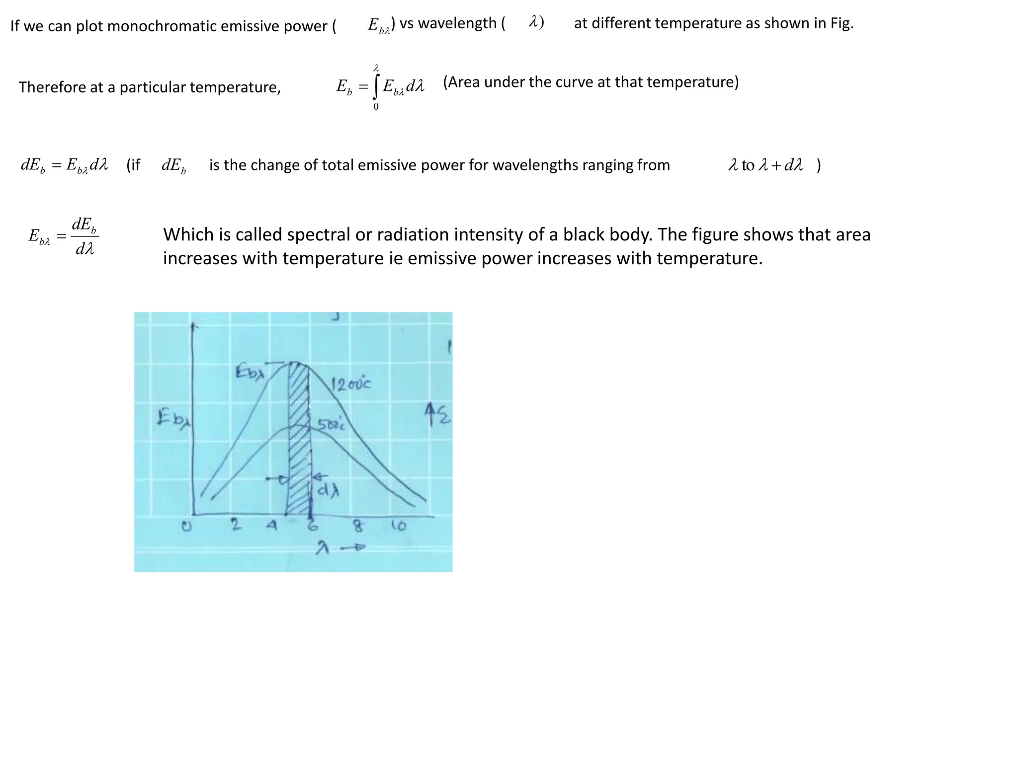 
b
E )

If we can plot monochromatic emissive power ( ) vs wavelength ( at different temperature as shown in Fig.
(Area under the curve at that temperature)



 
0
d
E
E b
b
Therefore at a particular temperature,

 d
E
dE b
b  b
dE 

 d

to
(if is the change of total emissive power for wavelengths ranging from )


d
dE
E b
b  Which is called spectral or radiation intensity of a black body. The figure shows that area
increases with temperature ie emissive power increases with temperature.
 