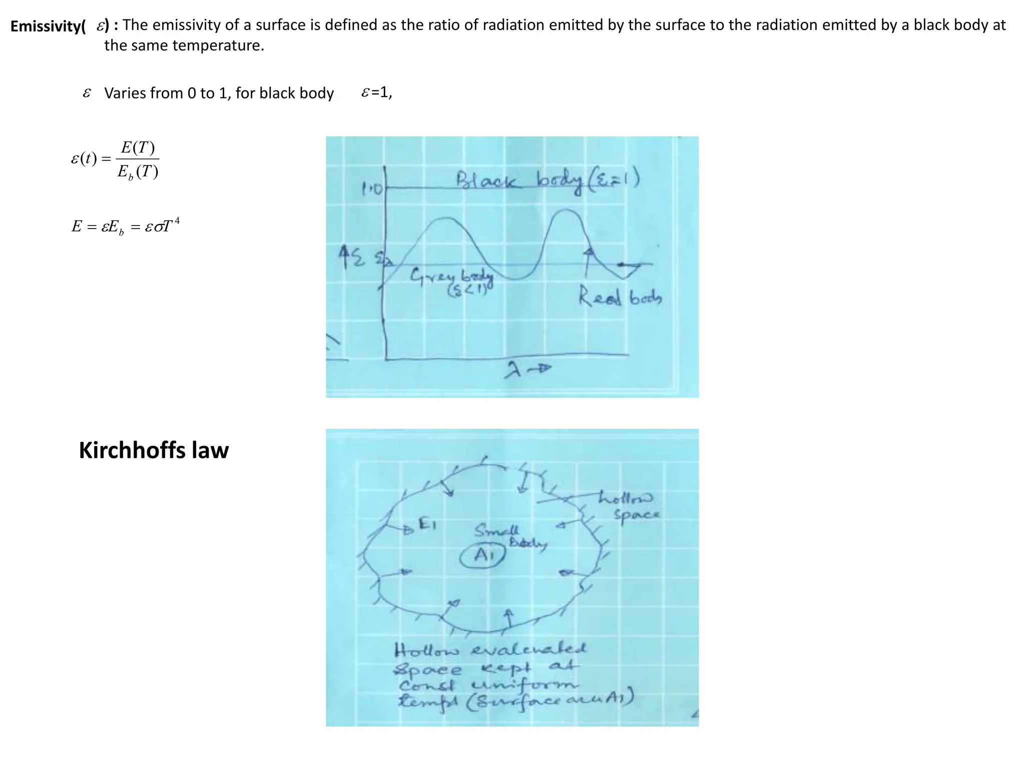 


Emissivity( ) : The emissivity of a surface is defined as the ratio of radiation emitted by the surface to the radiation emitted by a black body at
the same temperature.
Varies from 0 to 1, for black body =1,
)
(
)
(
)
(
T
E
T
E
t
b


4
T
E
E b 
 

Kirchhoffs law
 