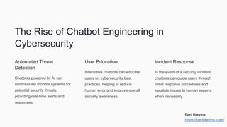 The Rise of Chatbot Engineering in
Cybersecurity
Automated Threat
Detection
Chatbots powered by AI can
continuously monitor systems for
potential security threats,
providing real-time alerts and
responses.
User Education
Interactive chatbots can educate
users on cybersecurity best
practices, helping to reduce
human error and improve overall
security awareness.
Incident Response
In the event of a security incident,
chatbots can guide users through
initial response procedures and
escalate issues to human experts
when necessary.
Bert Blevins
https://bertblevins.com/
 