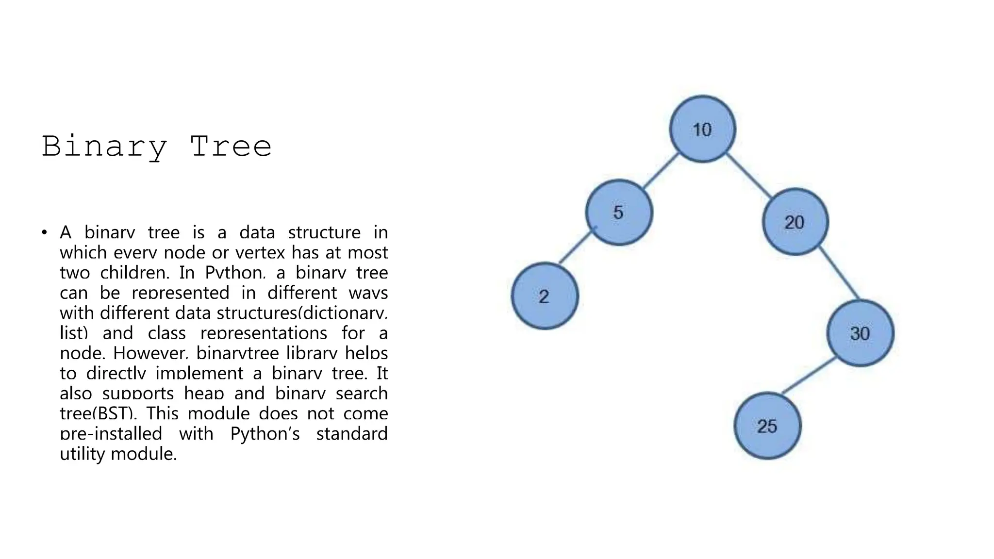 Binary Tree • A binary tree is a data structure in which every node or vertex has at most two children. In Python, a binary tree can be represented in different ways with different data structures(dictionary, list) and class representations for a node. However, binarytree library helps to directly implement a binary tree. It also supports heap and binary search tree(BST). This module does not come pre-installed with Python’s standard utility module. 