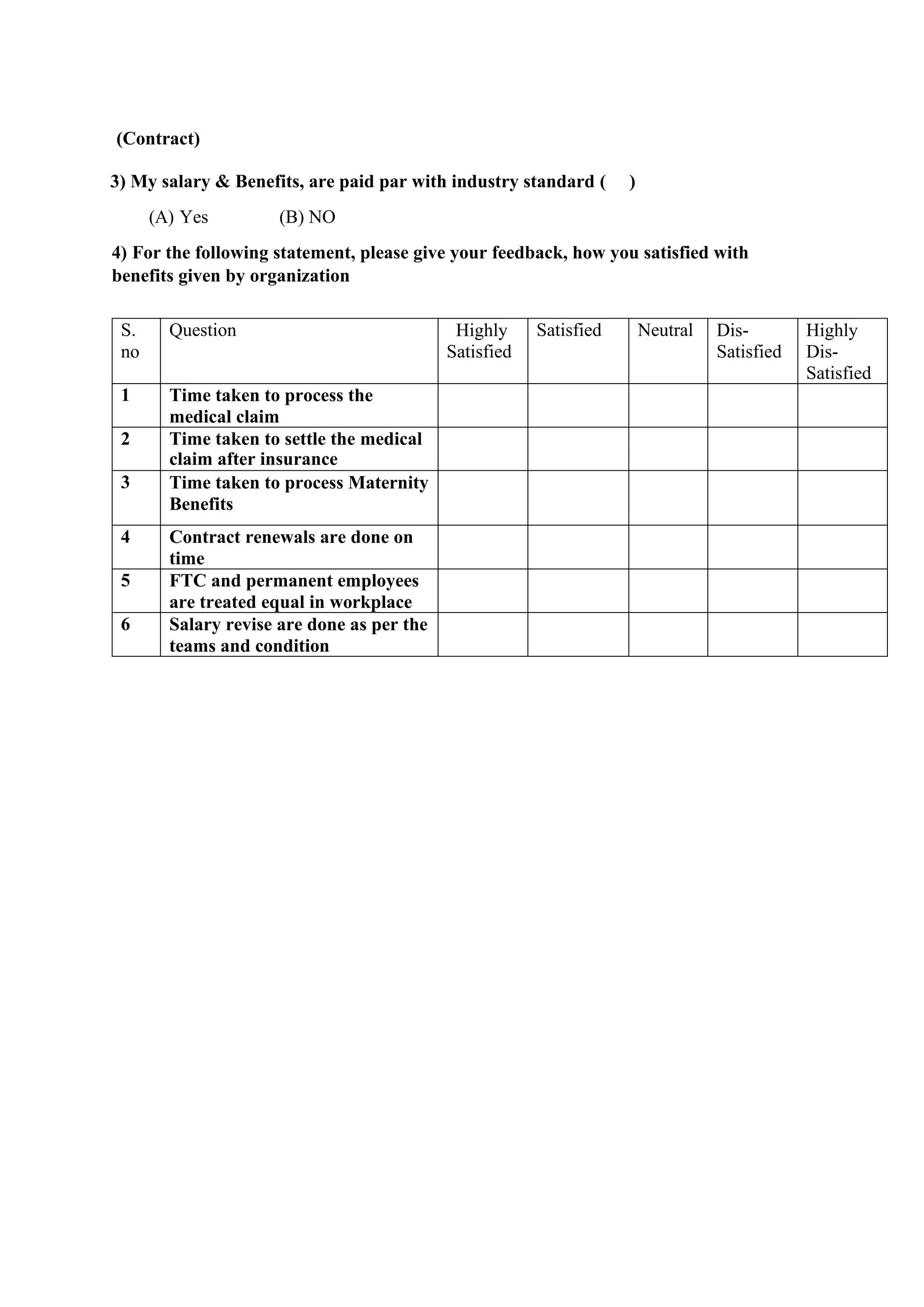 (Contract)
3) My salary & Benefits, are paid par with industry standard ( )
(A) Yes (B) NO
4) For the following statement, please give your feedback, how you satisfied with
benefits given by organization
S.
no
Question Highly
Satisfied
Satisfied Neutral Dis-
Satisfied
Highly
Dis-
Satisfied
1 Time taken to process the
medical claim
2 Time taken to settle the medical
claim after insurance
3 Time taken to process Maternity
Benefits
4 Contract renewals are done on
time
5 FTC and permanent employees
are treated equal in workplace
6 Salary revise are done as per the
teams and condition
 