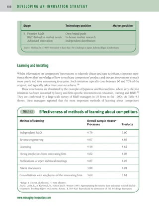 Learning and imitating
Whilst information on competitors’ innovations is relatively cheap and easy to obtain, corporate expe-
rience shows that knowledge of how to replicate competitors’ product and process innovations is much
more costly and time consuming to acquire. Such imitation typically costs between 60 and 70% of the
original, and typically takes three years to achieve.38
These conclusions are illustrated by the examples of Japanese and Korean firms, where very effective
imitation has been sustained by heavy and firm-specific investments in education, training and R&D.39
They are confirmed by a large-scale survey of R&D managers in US firms in the 1980s. As Table 4.3
shows, these managers reported that the most important methods of learning about competitors’
D E V E L O P I N G A N I N N O VAT I O N S T R AT E G Y
1 8 0
www.managing-innovation.com
Stage Technology position Market position
5. Frontier R&D Own-brand push
R&D linked to market needs In-house market research
Advanced innovation Independent distribution
Source: Hobday, M. (1995) Innovation in East Asia: The Challenge to Japan, Edward Elgar, Cheltenham.
Effectiveness of methods of learning about competitors
TABLE 4.3
Method of learning Overall sample means*
Processes Products
Independent R&D 4.76 5.00
Reverse engineering 4.07 4.83
Licensing 4.58 4.62
Hiring employees from innovating firm 4.02 4.08
Publications or open technical meetings 4.07 4.07
Patent disclosures 3.88 4.01
Consultations with employees of the innovating firm 3.64 3.64
*Range: 1 = not at all effective; 7 = very effective.
Source: Levin, R., A. Klevorick, R., Nelson and S. Winter (1987) Appropriating the returns from industrial research and de-
velopment. Brookings Papers on Economic Activity, 3, 783–820. Reproduced by permission of The Brookings Institution.
c04.qxd 2/9/09 4:26 PM Page 180
 