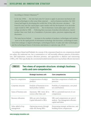 According to Hamel and Prahalad, the concept of the corporation based on core competencies should
not replace the traditional one, but a commitment to it ‘will inevitably influence patterns of diversifica-
tion, skill deployment, resources allocation priorities, and approaches to alliances and outsourcing’
(1990, p. 86). More specifically, the conventional multidivisional structure may facilitate efficient innovation
D E V E L O P I N G A N I N N O VAT I O N S T R AT E G Y
1 9 8
www.managing-innovation.com
According to Christer Oskarsson:65
In the late 1950s . . . the time had come for Canon to apply its precision mechanical and
optical technologies to other areas [than cameras] . . . such as business machines. By 1964
Canon had begun by developing the world’s first 10-key fully electronic calculator . . . fol-
lowed by entry into the coated paper copier market with the development of an electrofax
copier model in 1965, and then into . . . the revolutionary Canon plain paper copier tech-
nology unveiled in 1968 . . . Following these successes of product diversification, Canon’s
product lines were built on a foundation of precision optics, precision engineering and
electronics . . .
The main factors behind . . . increases in the numbers of products, technologies and markets
. . . seem to be the rapid growth of information technology and electronics, technological transi-
tions from analogue to digital technologies, technological fusion of audio and video technologies,
and the technological fusion of electronics and physics to optronics (pp. 24–6).
Two views of corporate structure: strategic business
units and core competencies
TABLE 4.9
Strategic business unit Core competencies
Basis for competition Competitiveness of today’s
products
Inter-firm competition to build com-
petencies
Corporate structure Portfolio of businesses in re-
lated product markets
Portfolio of competencies, core prod-
ucts and business
Status of business unit Autonomy: SBU ‘owns’ all re-
sources other than cash
SBU is a potential reservoir of core
competencies
Resource allocation SBUs are unit of analysis.
Capital allocated to SBUs
SBUs and competencies are unit of
analysis. Top management allocates
capital and talent
Value added of top
management
Optimizing returns through
trade-offs among SBUs
Enunciating strategic architecture, and
building future competencies
c04.qxd 2/9/09 4:26 PM Page 198
 