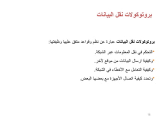 ‫البيانات‬ ‫نقل‬ ‫بروتوكوالت‬
18
‫البيانات‬ ‫نقل‬ ‫بروتوكوالت‬
:‫وظيفتها‬ ‫عليها‬ ‫متفق‬ ‫وقواعد‬ ‫نظم‬ ‫عن‬ ‫عبارة‬

.‫الشبكة‬ ‫عبر‬ ‫المعلومات‬ ‫نقل‬ ‫في‬ ‫التحكم‬

.‫آلخر‬ ‫موقع‬ ‫من‬ ‫البيانات‬ ‫ارسال‬ ‫وكيفية‬

.‫الشبكة‬ ‫في‬ ‫األخطاء‬ ‫مع‬ ‫التعامل‬ ‫وكيفية‬

.‫البعض‬ ‫بعضها‬ ‫مع‬ ‫األجهزة‬ ‫اتصال‬ ‫كيفية‬ ‫وتحدد‬
 