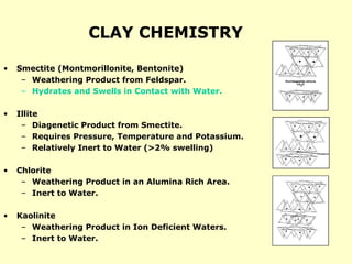 • Smectite (Montmorillonite, Bentonite)
– Weathering Product from Feldspar.
– Hydrates and Swells in Contact with Water.
• Illite
– Diagenetic Product from Smectite.
– Requires Pressure, Temperature and Potassium.
– Relatively Inert to Water (>2% swelling)
• Chlorite
– Weathering Product in an Alumina Rich Area.
– Inert to Water.
• Kaolinite
– Weathering Product in Ion Deficient Waters.
– Inert to Water.
CLAY CHEMISTRY
 