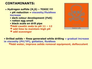 CONTAMINANTS:
• Hydrogen sulfide (H2S) – TOXIC !!!!
• pH reduction  viscosity/fluidloss
increase
• dark colour development (FeS)
• rotten egg smell
• black scale on drill pipe
Add caustic soda to pH 11 – 12
 add lime to maintain high pH
 add scavenger
• Drilled solids – fines generated while drilling  gradual increase
in viscosity (PV/YP), gellation, fluidloss
Add water, improve solids removal equipment, deflocculant
 
